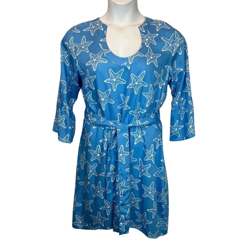 Escapada Blue Starfish Print 3/4 Bell Sleeve Belted Rayon Dress Size L Resort